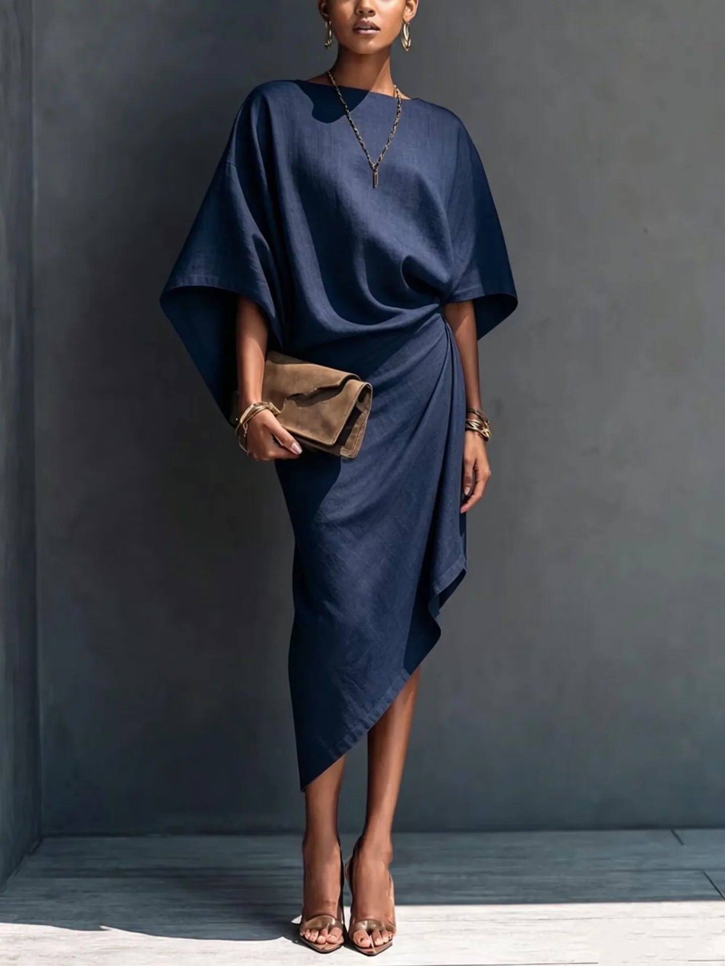 Elegant Women Linen Dress Batwing Sleeve Draped Wrap Design Asymmetrical Midi Dress Loose Fit Summer Office Evening Party Outfit
