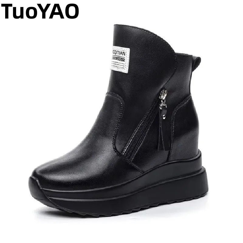 9cm White Black Women Ankle Boots Platform Wedge Heel Booties Shoes Microfiber Leather Spring Winter Fashion Sneakers High Top