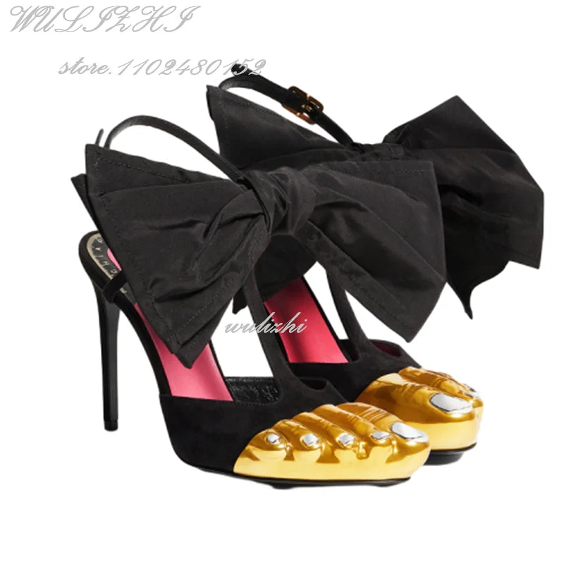 Black Strappy Gold Round Toe Five-Finger Sandals Girl Stiletto Ankle Straps Summer Suede Hollow Heels Catwalk Street Style Shoes