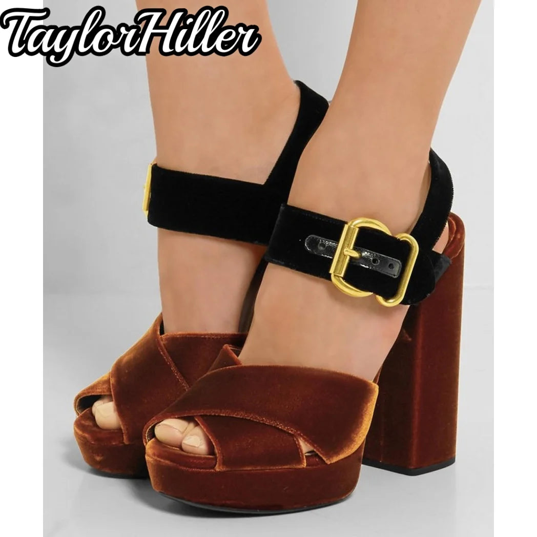 Velvet Cross Strap Platfrom Heeled Sandals Peep Toe Block Heel Buckle Strap Shoes Women Mixed Color Solid Shallow High Heels New