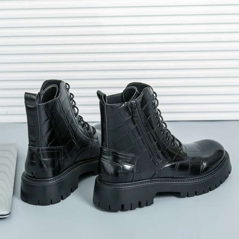 Luxury Brand Men's Autumn and Winter Crocodile Leather Side Zipper High Top Boots Fashionable New Men's Comfortable Short Boots