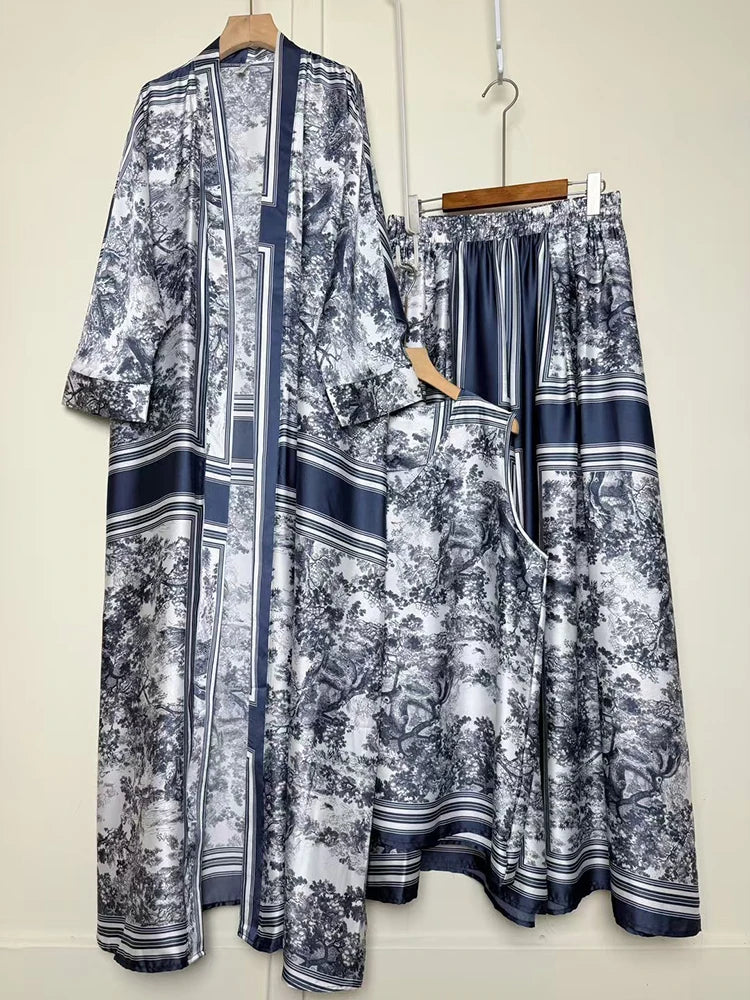 Retro positioning printed long cardigan+vest three piece set 2026 spring women's clothing+loose pants skirt fashion set