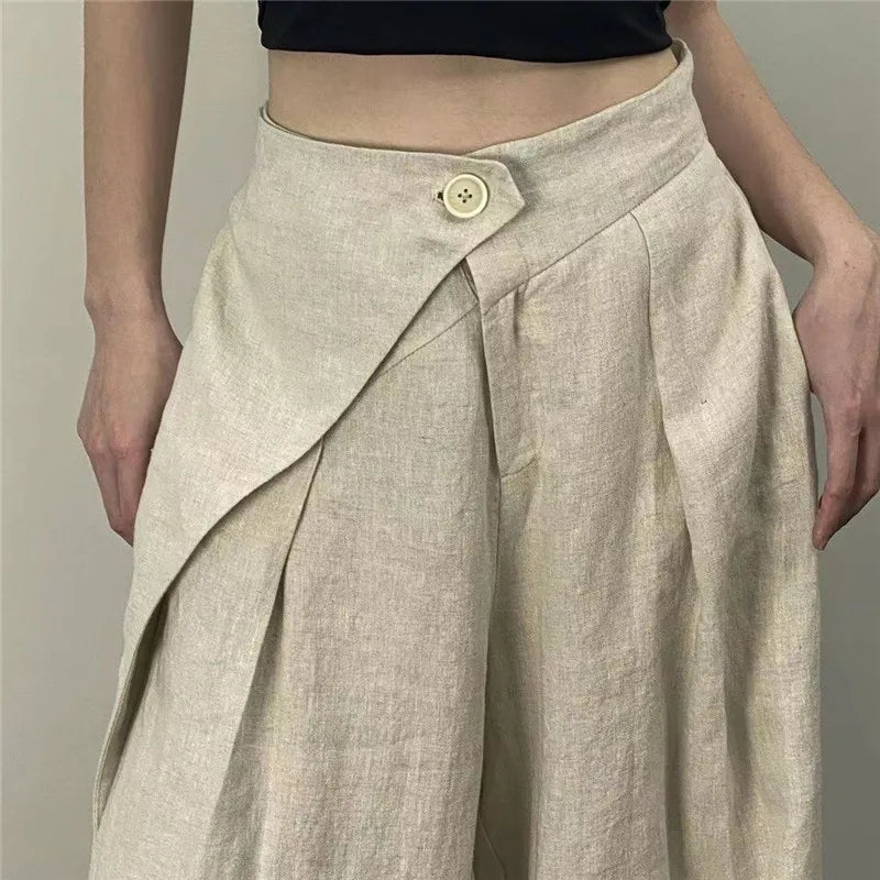 Limiguyue Japanese Cotton Linen Wide Leg Pants Women Irregular Waist Summer Pants One Button Loose Pleated Full Trousers F157