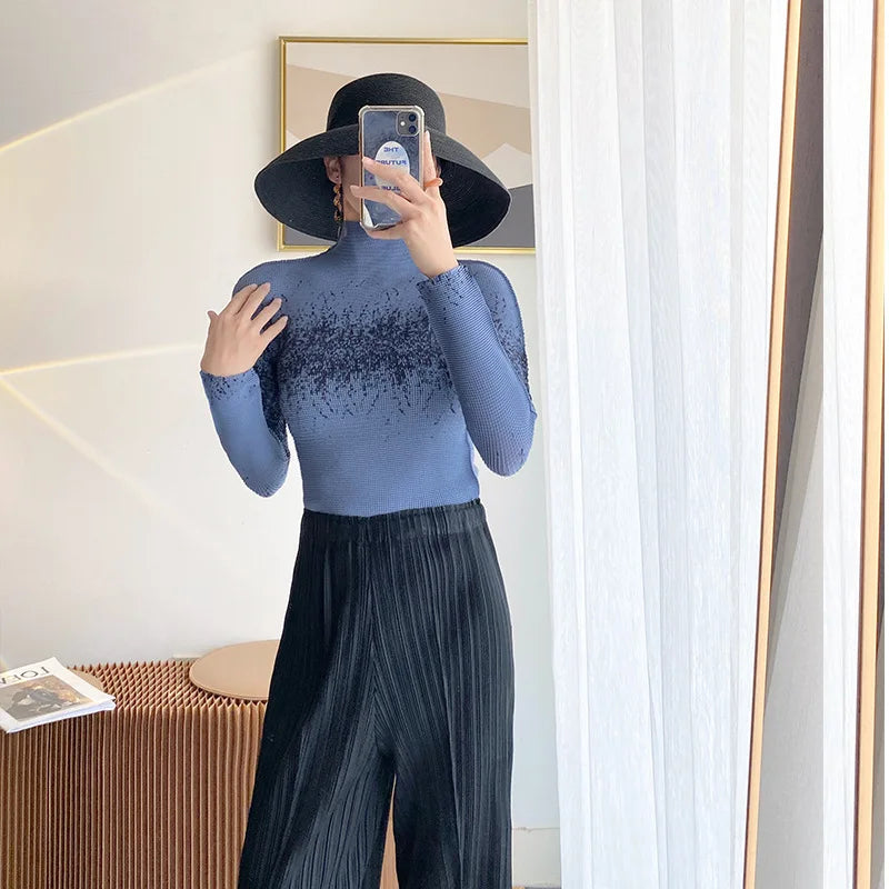 Miyake Pleated Contrasting Colors T-shirt Women Half Turtleneck Skinny Pullover 2025 Summer Fashion Female Clothing