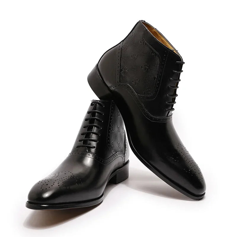 Luxury men's genuine leather ankle boots stylish lace-up pointed toe formal shoes for wedding office basic men's shoes