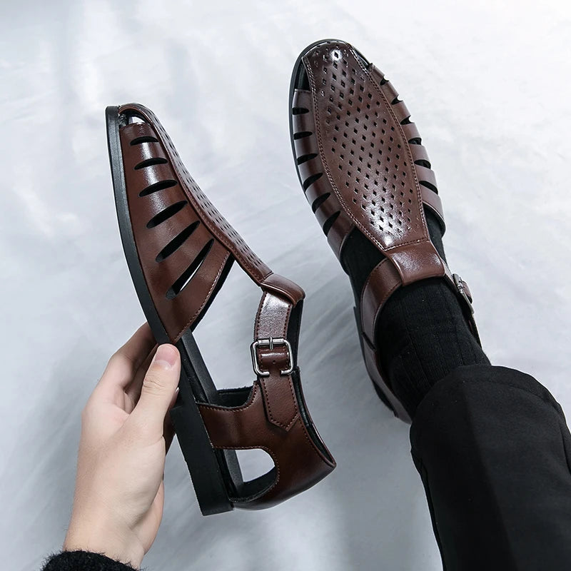 Brand's New Men's Summer Oversized Breathable Sandals Retro Pointed Men's Fashion Trend Hollowed Out Comfortable Leather Shoes