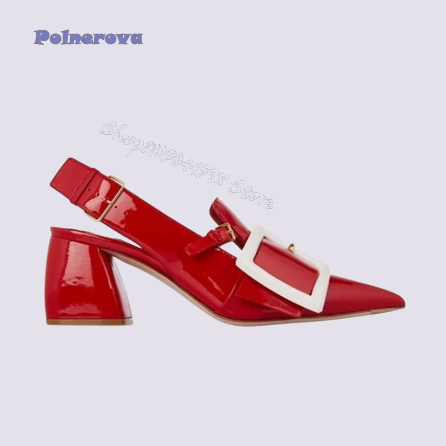 Sexy Red Patent Leather Pumps Pointed Toe Square Buckle High Heel Shoes Party Thick Heel Women Shoes2024 New Zapatos Para Mujere