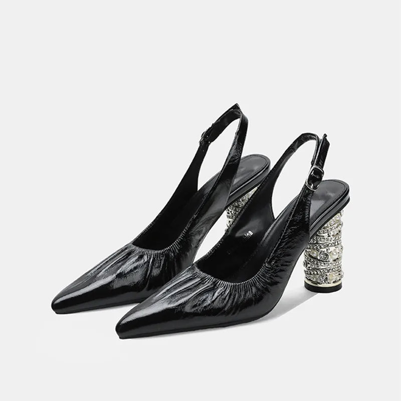 Luxury Pearls Rhinestones Genuine Leather Women Pumps Elegant Pointed toe Pleated Slingbacks High heels Female Party Dress Shoes