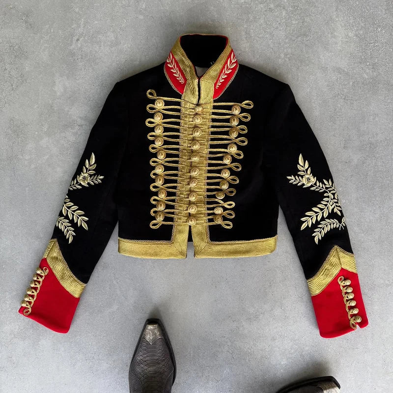Napoleon Golden Button Patchwork Jacket Women Luxury Stand Collar Long Sleeve Panelled Slim Short Coats Chic Lady New Outerwears