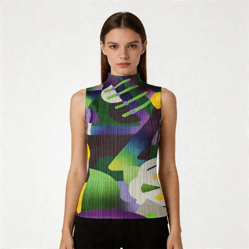 Miyake Pleated Geometric Playground Printed High-neck Sleeveless Top