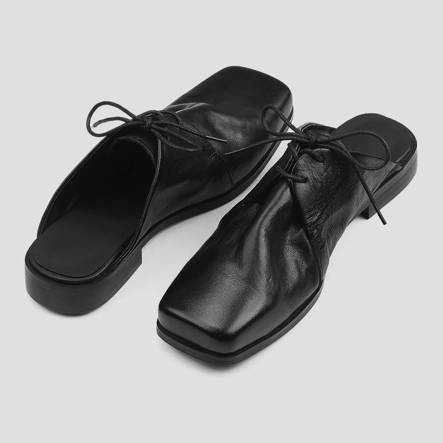 Black Leather Mules Slippers Men's Shoes Square Toe Lace-Up Flats Wear-Resistant Solid Color Casual Shoes Handmade Men's Shoes