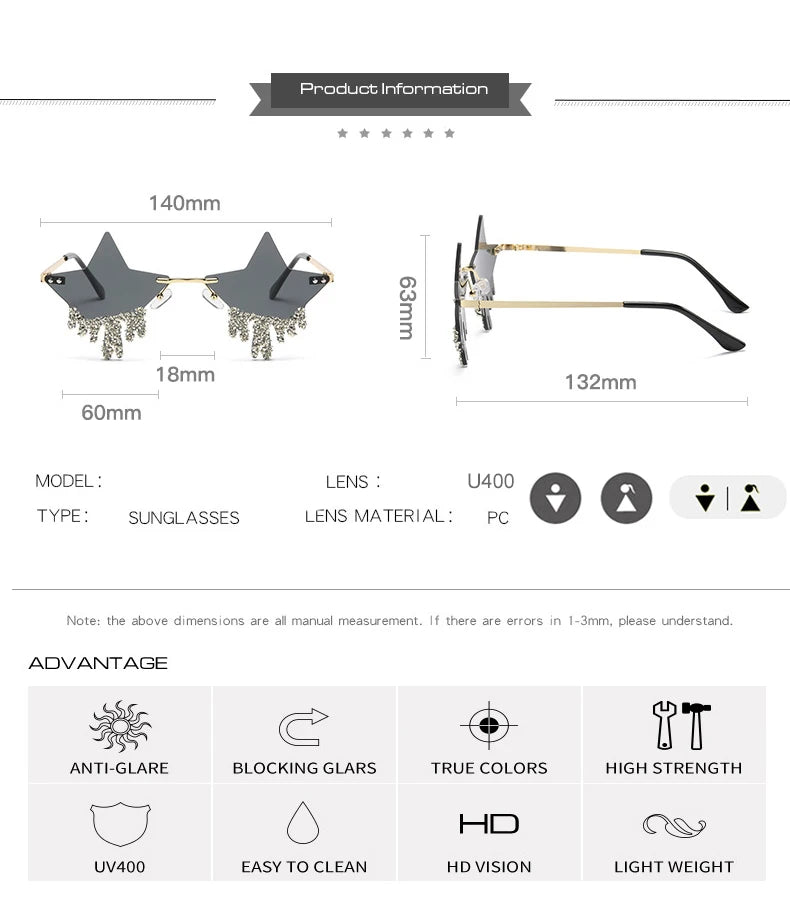 Shiny Luxury Diamonds Sunglasses Women Men Trends Punk Rimless Sun Glasses Female Personality Rhinestone Eyewear Shades UV400