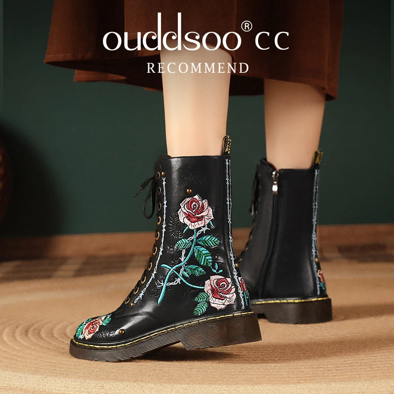 Ods Handmade Embroidery Rose Flower Retro Lace-up Mt Woman Genuine Leather Round Toe British Style Ankle Boots Big Size 40414243