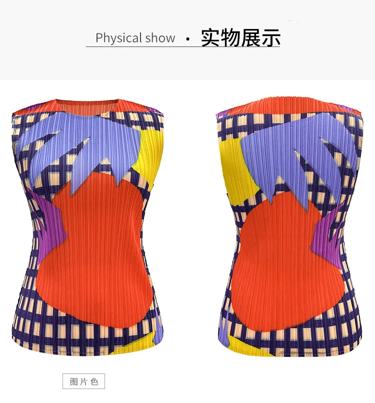 Miyake Pleated Sleeveless Vest Women's Spring and Summer New Contrast Color Geometric Print Loose Casual Fashion Round Neck Top