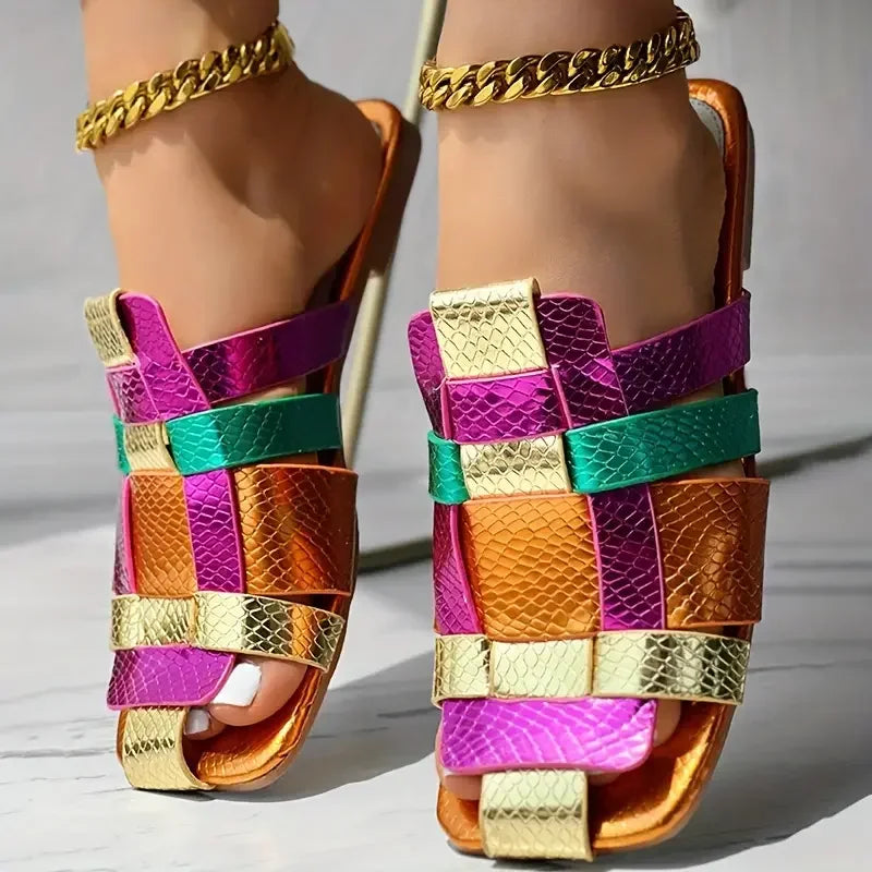 Summer Colorful Fashionable Sexy Casual Soft Luxurious Square Toe Hollow Roman Flat Shoes Model Vacation Comfortable Slippers