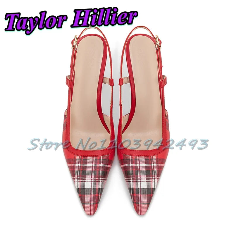 Patchwork Gingham Blue Heels Shallow Heeled Sandals Women Luxury Designer Shoes Summer Yellow Red Purple Buckle Strap Yellow New