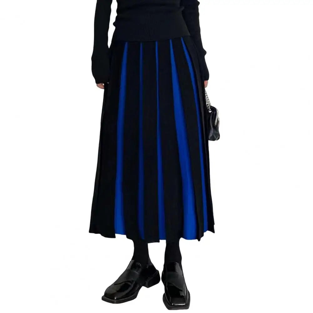 Women Midi Skirt High Waist Patchwork Color Pleated Skirt Ladies Autumn Knitting Skirt Women Versatile Comfortable Daily Wear