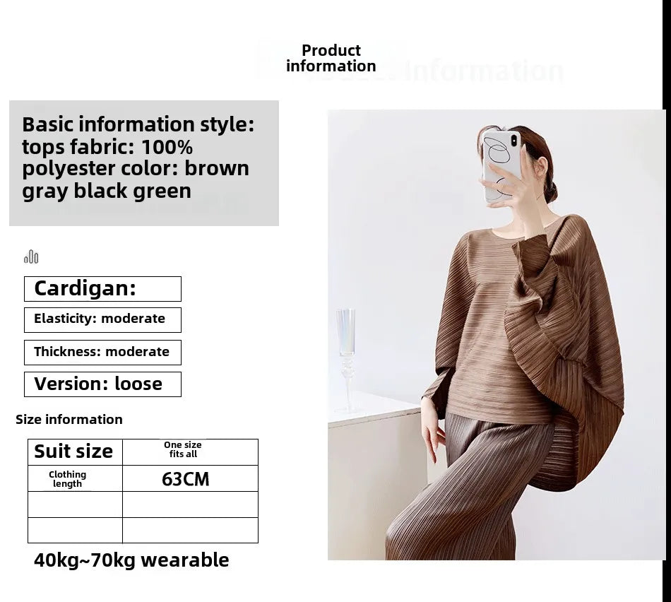 Miyake Style Pleated Top for Women 2025 New Solid Color Loose Round Neck Bat Sleeve Lazy High-end T-shirt for Women