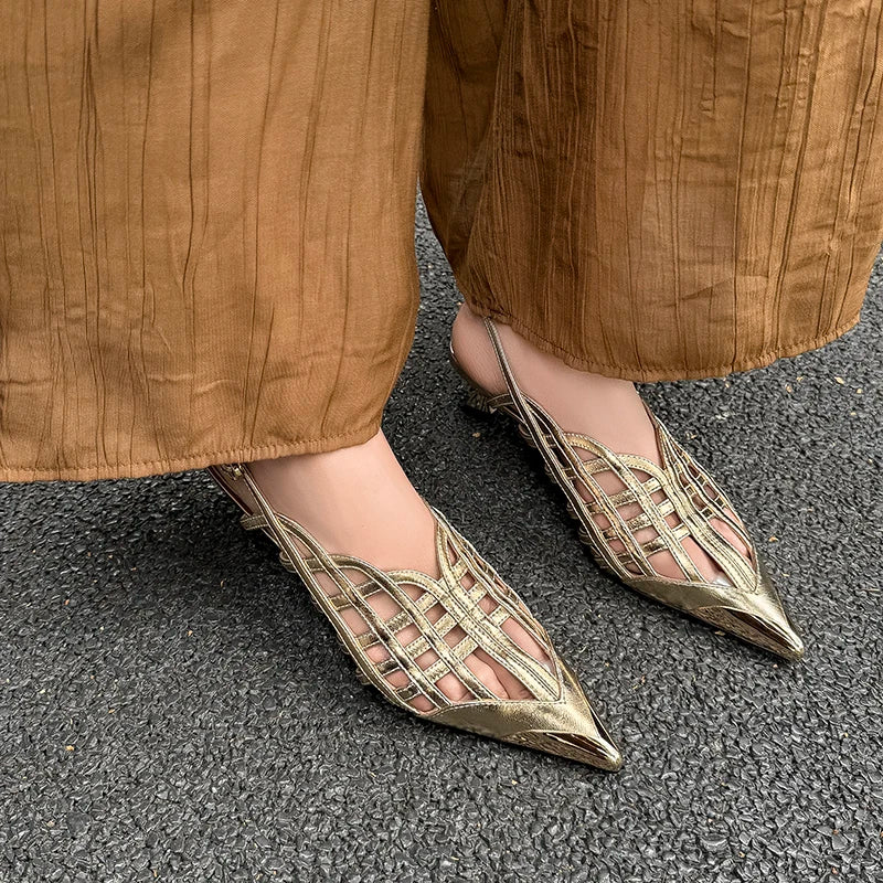 Sexy Real Leather Sandals Women Covered Metal Head Toe Narrow Band Sandals Ladies Party Dating Summer Med Heels