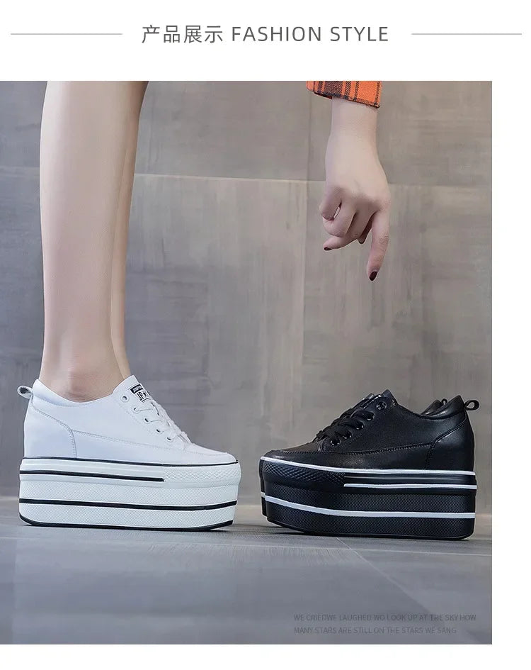 Fashion 10.5cm High Thick Heel Platform Flats Women Casual Shoes Genuine Leather Soft Quality Casual Shoe Sneakers White Black