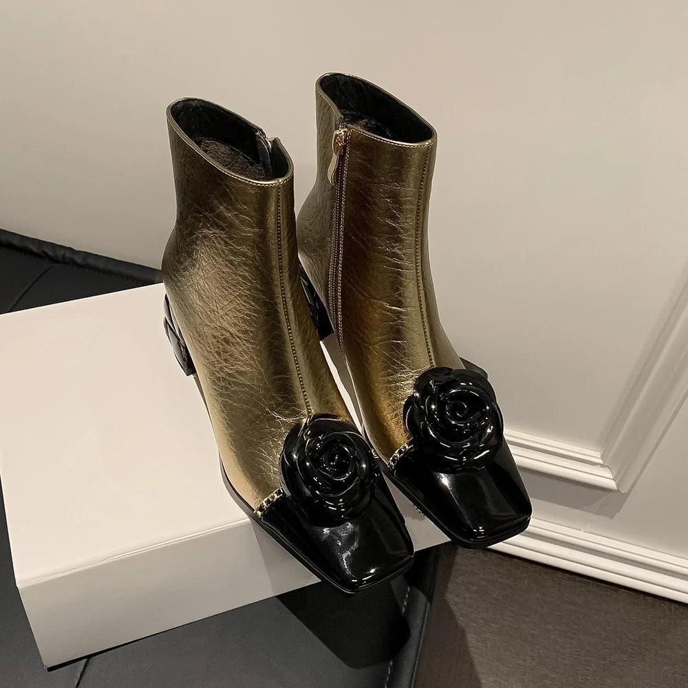 Genuine Leather Flower Metal Chain Short Boots Women Thick High Heels Young Ladies Mixed Color Boots Party Dating