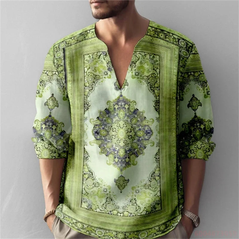 Men's Long-Sleeved Shirt with Retro Print, Stylish Design, Outdoor Casual Henley Collar, Loose Fit, Men's Vacation Top, XS-6XL.