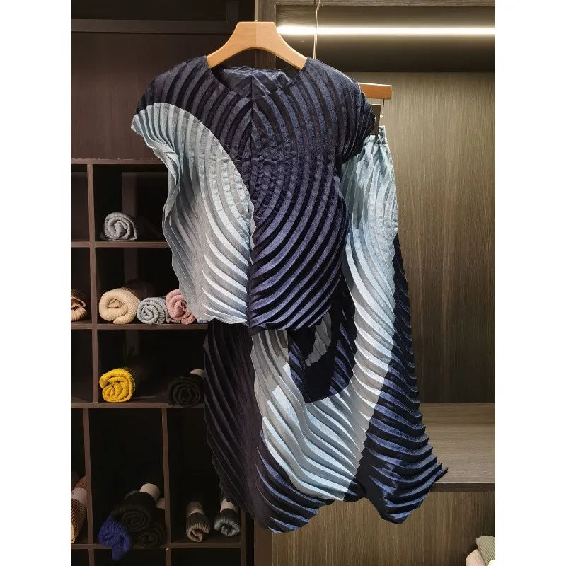 Miyake style Pleated Color Block T-Shirt 2026 Summer New Irregular Top Skirt 2-Piece Set Women Vacation Stretch Wrinkle-Free Clothing