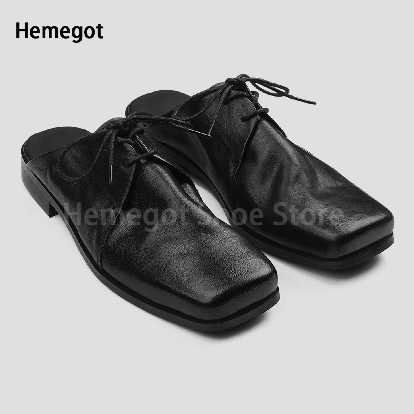 Black Leather Mules Slippers Men's Shoes Square Toe Lace-Up Flats Wear-Resistant Solid Color Casual Shoes Handmade Men's Shoes