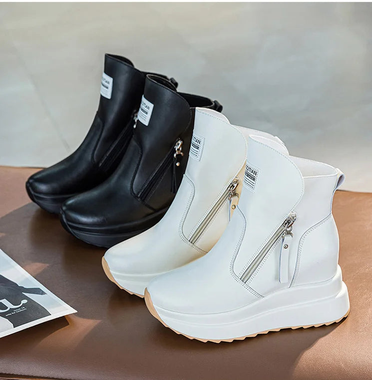 9cm White Black Women Ankle Boots Platform Wedge Heel Booties Shoes Microfiber Leather Spring Winter Fashion Sneakers High Top