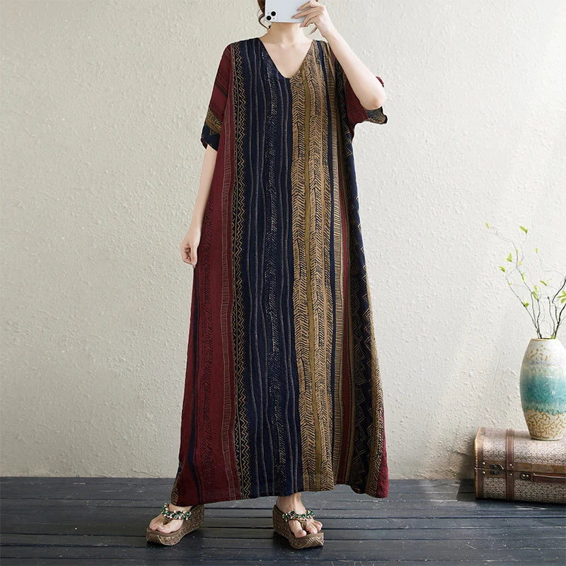 Long V-Ne ort Sve Printed Slimming Cotton Linen Dr Color Blo Casual Loose Fit Summer Faion plus Size Women