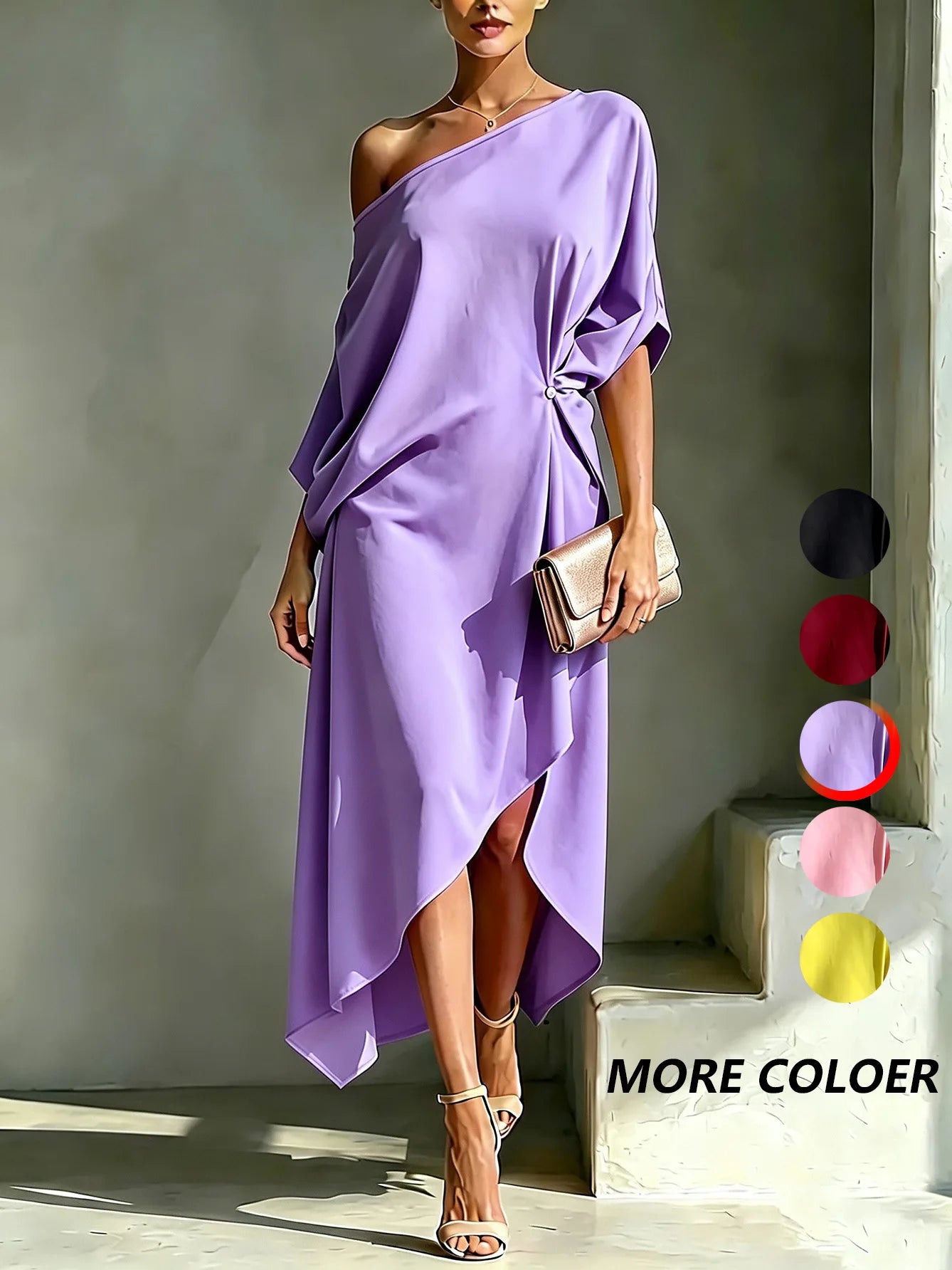 Elegant Off Shoulder Half Sleeve Dress Women Summer Batwing Sleeves Irregular Button Design Vintage Casual Holiday Beach Dresses