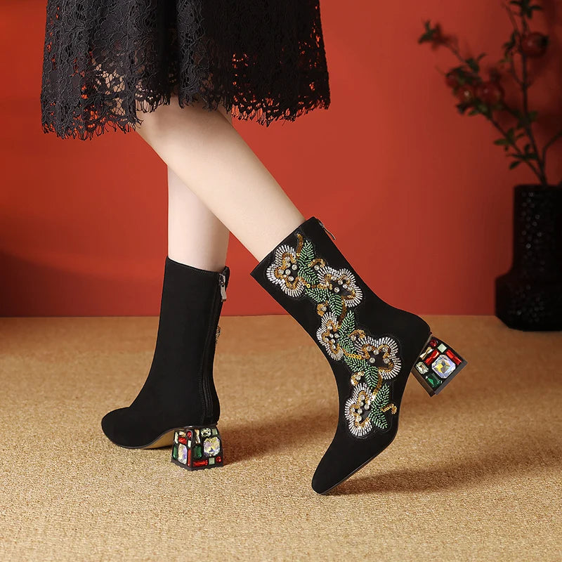 Dilalula 2026 Genuine Cow Suede Ethic Ankle Boots Women Square Toe Crystal Heel Embroider Short Boots Female Beads Dec Footwear