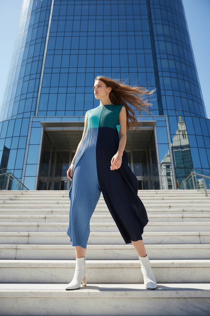 Miyake style  Folds 2024 Fall New Women's Color Matching Romper Loose Geometric Suit