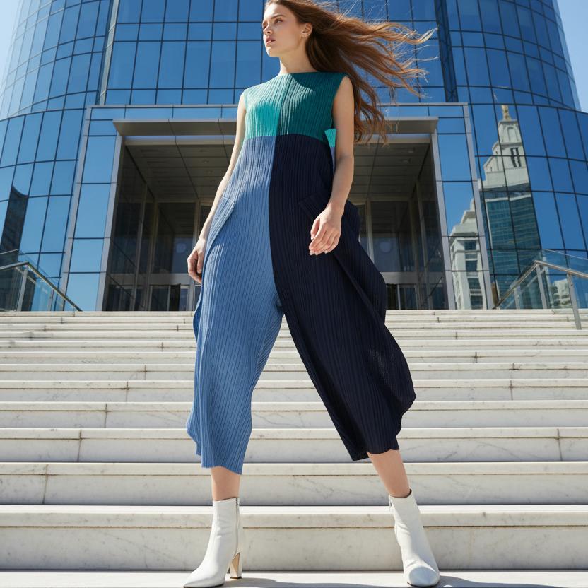 Miyake style  Folds 2024 Fall New Women's Color Matching Romper Loose Geometric Suit