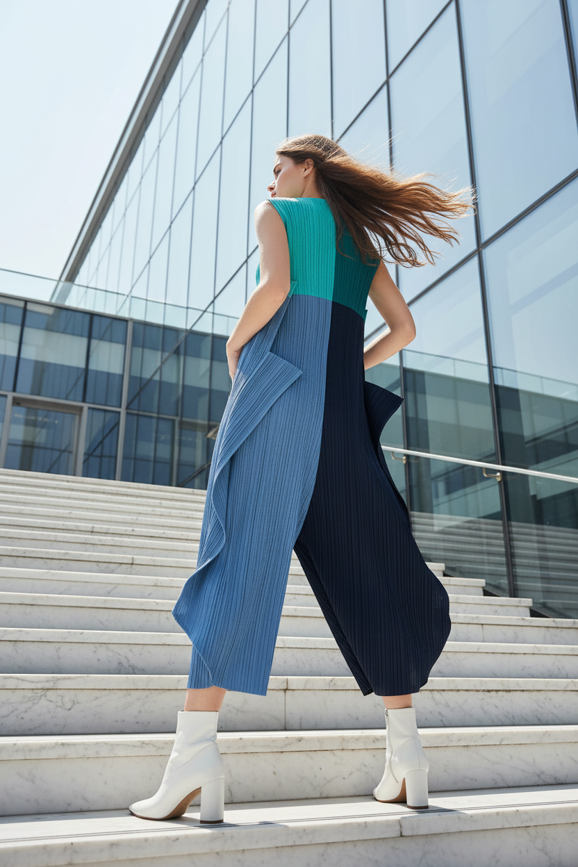 Miyake style  Folds 2024 Fall New Women's Color Matching Romper Loose Geometric Suit