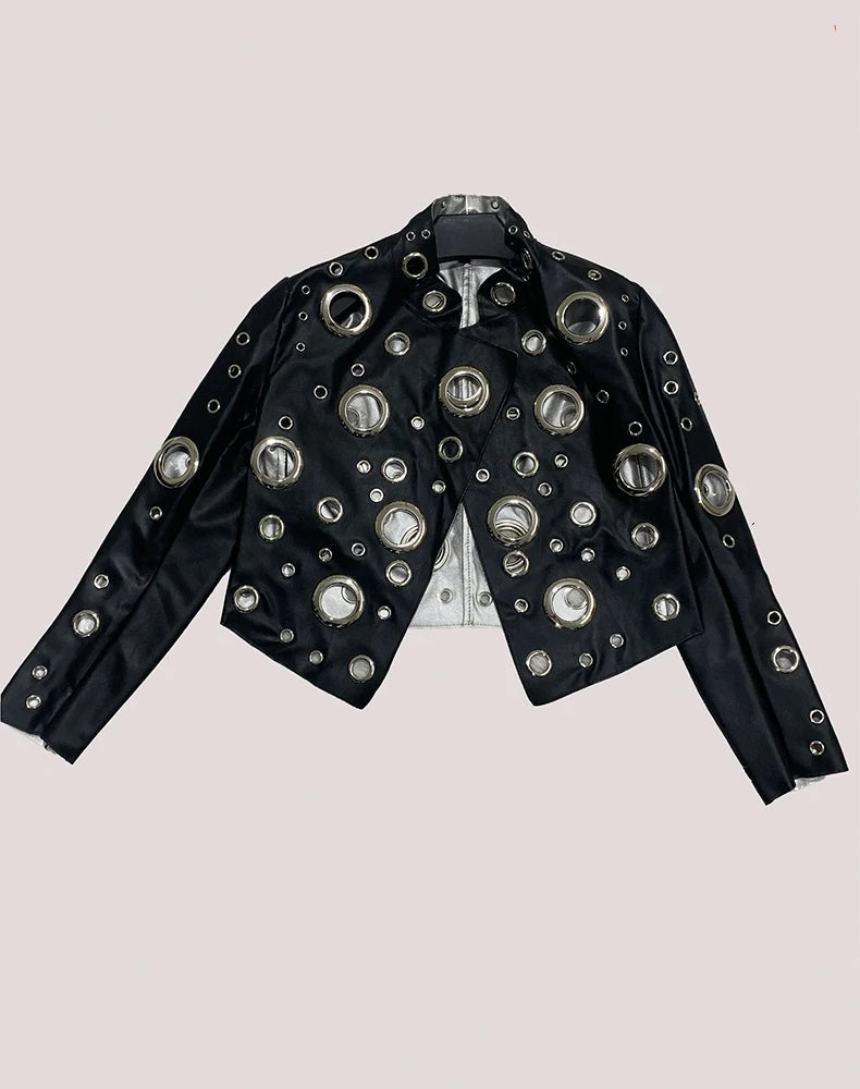 Mauroicardi Spring Short Hollow Out Patchwork Short Pu Leather Jacket Women Cool Luxury Designer European Style Clothes Fashion