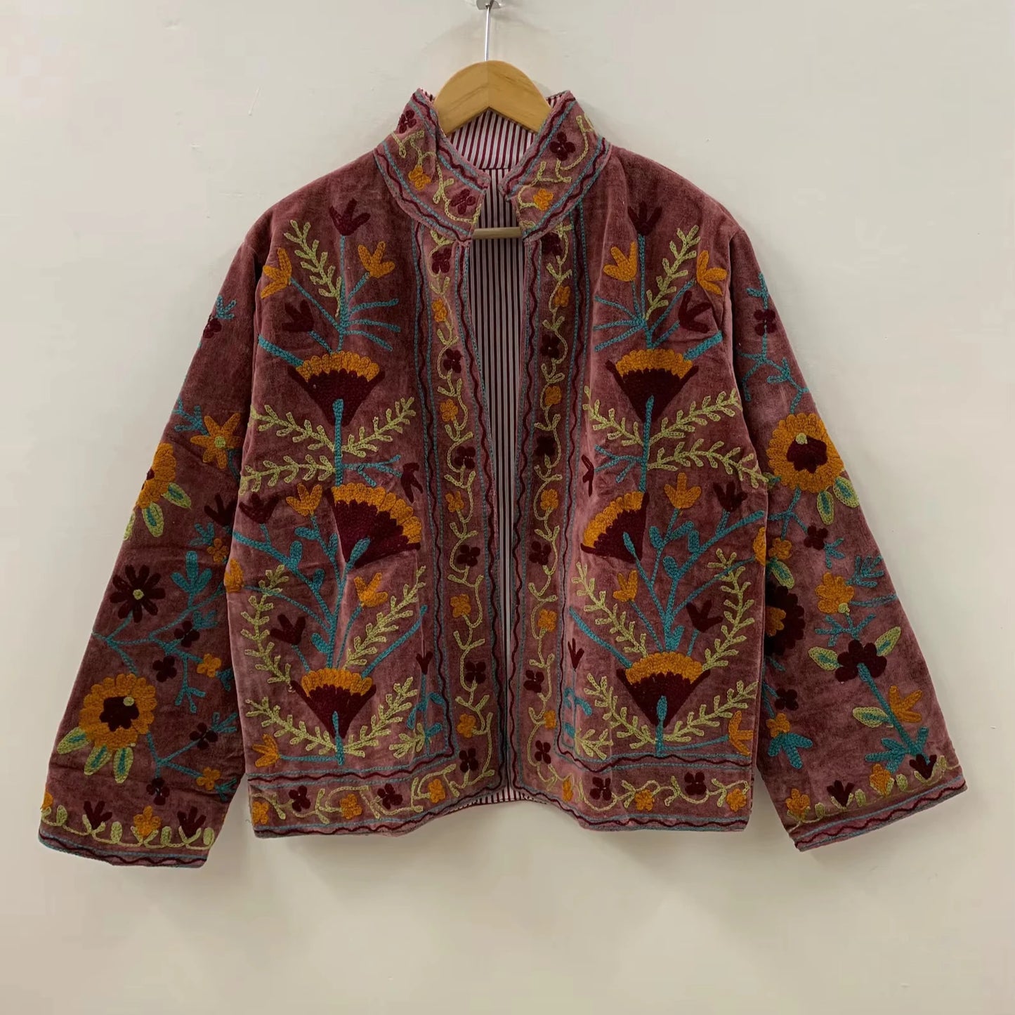 Handmade Bohemian Winter Coat Floral Suzani Embroidered Velvet Jacket Windproof Knitted Duster Cotton Floral Suzani Embroidered