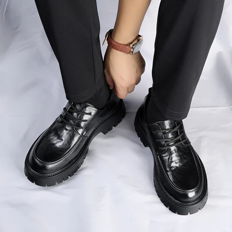 Men's Fashion Genuine Leather British Style Thick Bottom Work Shoes Classic Lace Up Comfortable Anti Slip Big Head Leather Shoes