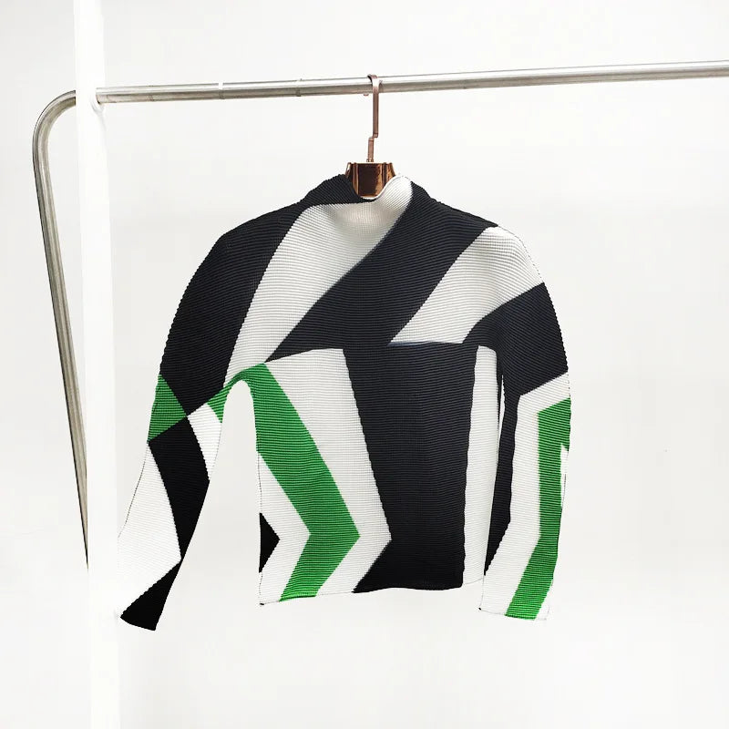 Miyake Pleated Contrasting Colors T-shirt Women Half Turtleneck Skinny Pullover 2025 Summer Fashion Female Clothing