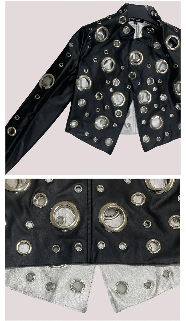 Mauroicardi Spring Short Hollow Out Patchwork Short Pu Leather Jacket Women Cool Luxury Designer European Style Clothes Fashion