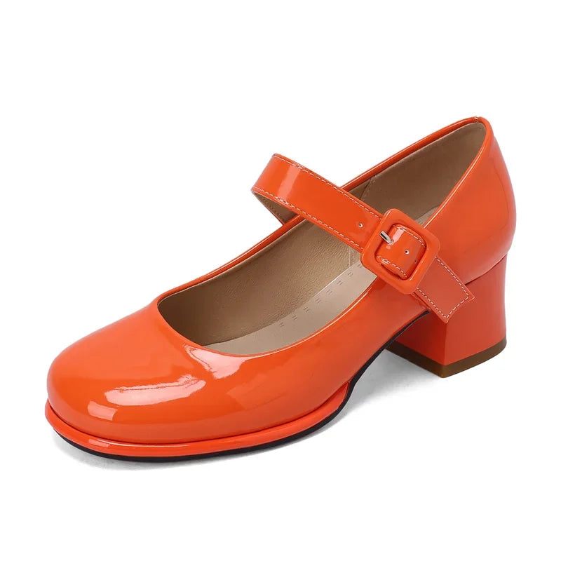 Spring Autumn Women Platform Mary Janes High Thick Heel Orange Red Patent Leather Dress Office Lady Round Toe Buckle Strap Pumps