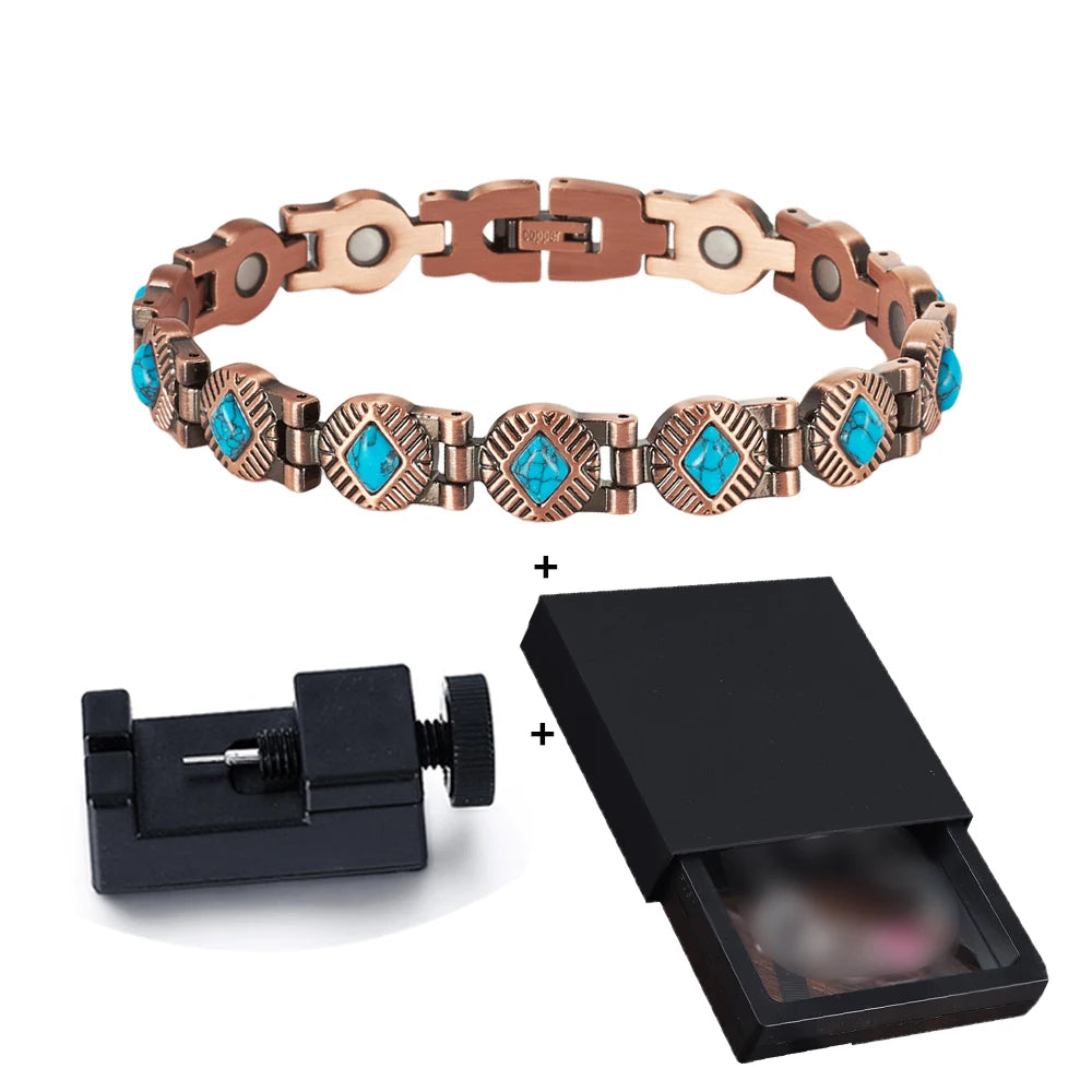 Vinterly Magnetic Bracelets Pure Copper Blue Brown Stone 22.5cm Vintage Health Energy High Magnet Jewelry Benefits Chain Links