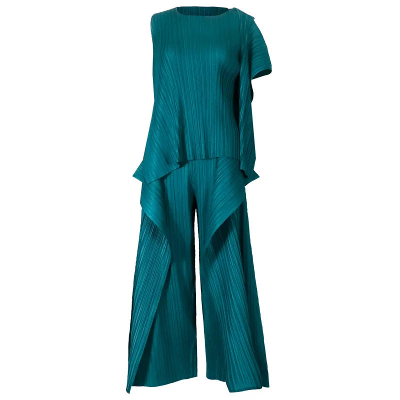 Miyake Irregular Designer Pleated Two Pieces Set Women Sleeveless Elegant Top Wide Leg Loose Trousers Summer Lady Clothing