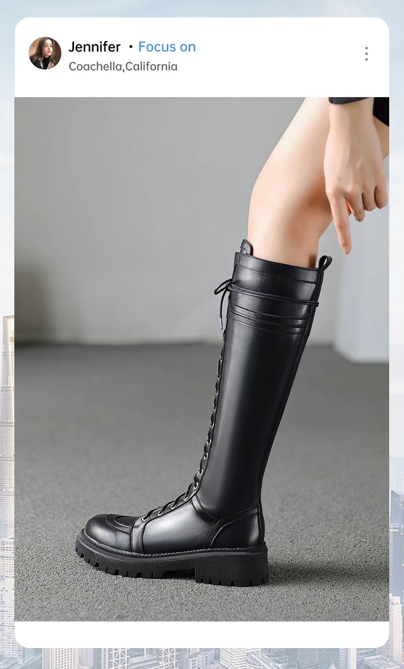 Ods Genuine Leather Women's High Knee Boots Winter Shoes Sexy Lace Up Black White Low Heels Party Shoes Girls Large Size 414243