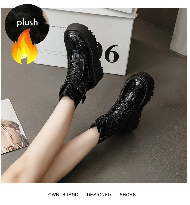 Fujin 8cm New Women Combat Boots Ankle Booties Platform Sneakers Spring Autumn Warm Fur Winter Genuine Leather Women Shoes Boot