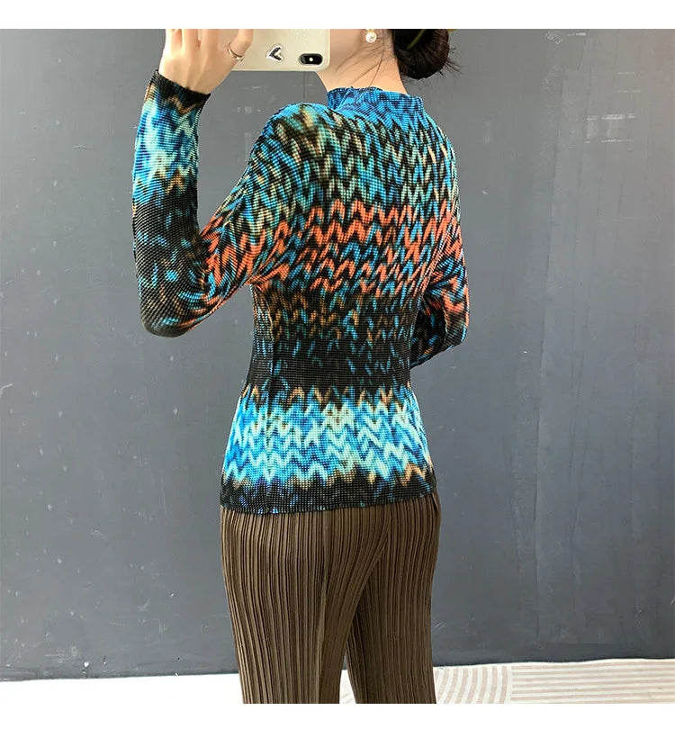 Miyake Pleated 2026 Spring and Summer New Fashion Tops Women's Long-sleeved Half-high Collar Printed T-shirt Bottoming Shirt