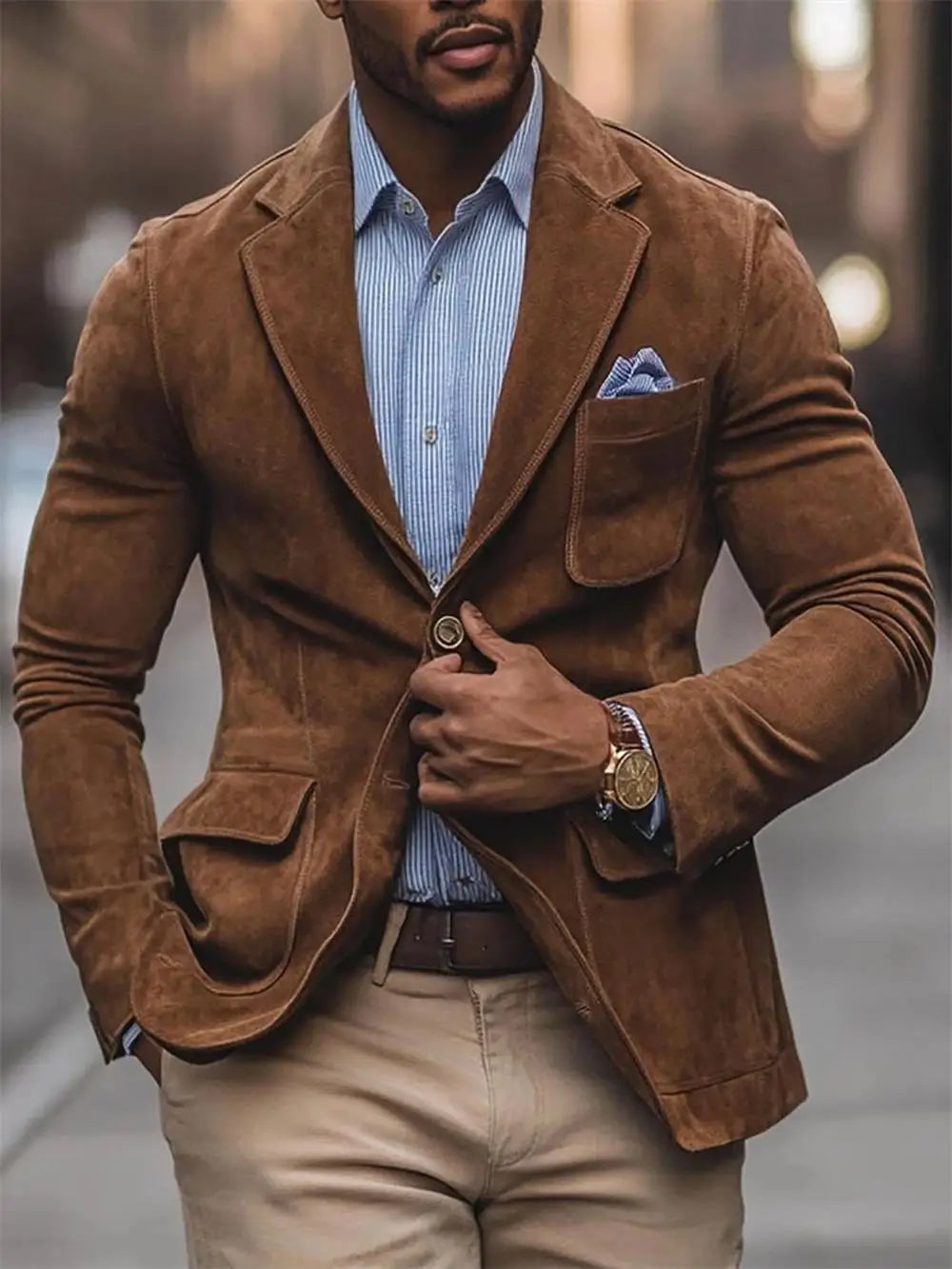 chamois leather Man Blazers Single breasted Suit Jacket Men's Outdoor Casual Sports Slim fit Coat Brown men's top