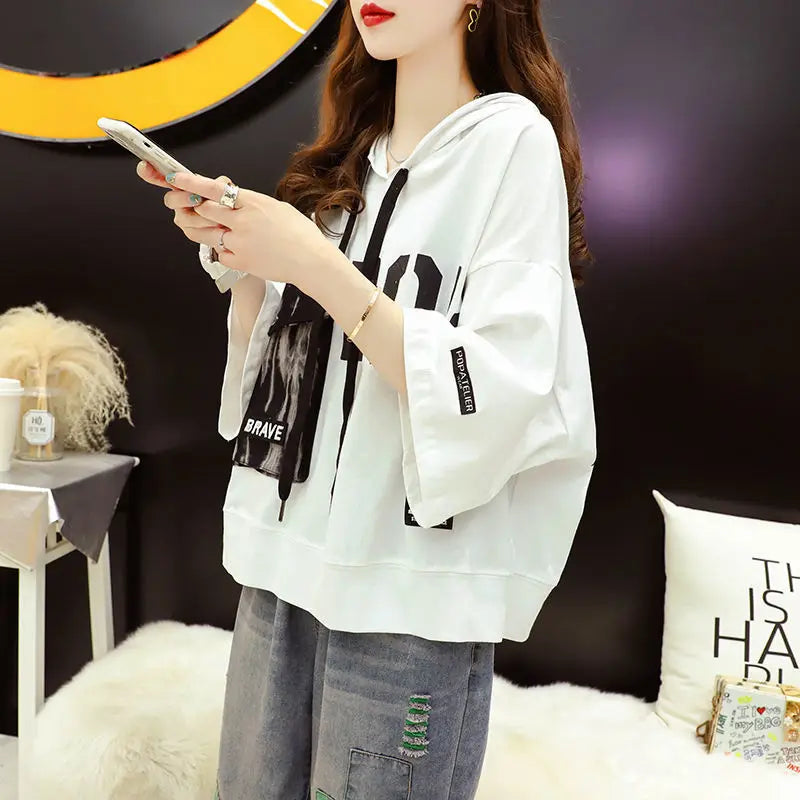 2023 Summer New Letter Printing Hoodies Women Round Neck Short Sleeve Drawstring Short Pullovers Ladies Korean Style Casual Top