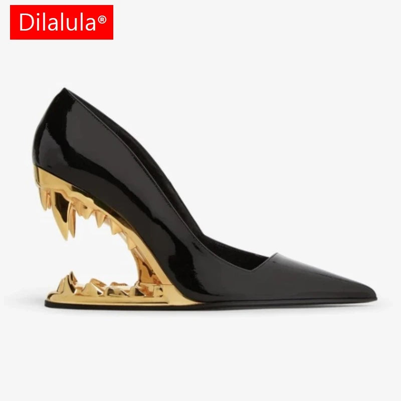 Sexy Pointy Toe Super High Heel Pumps Women Metal Tiger Tooth Heel Runway Pumps Lady Fashion Show Shoes Night Club
