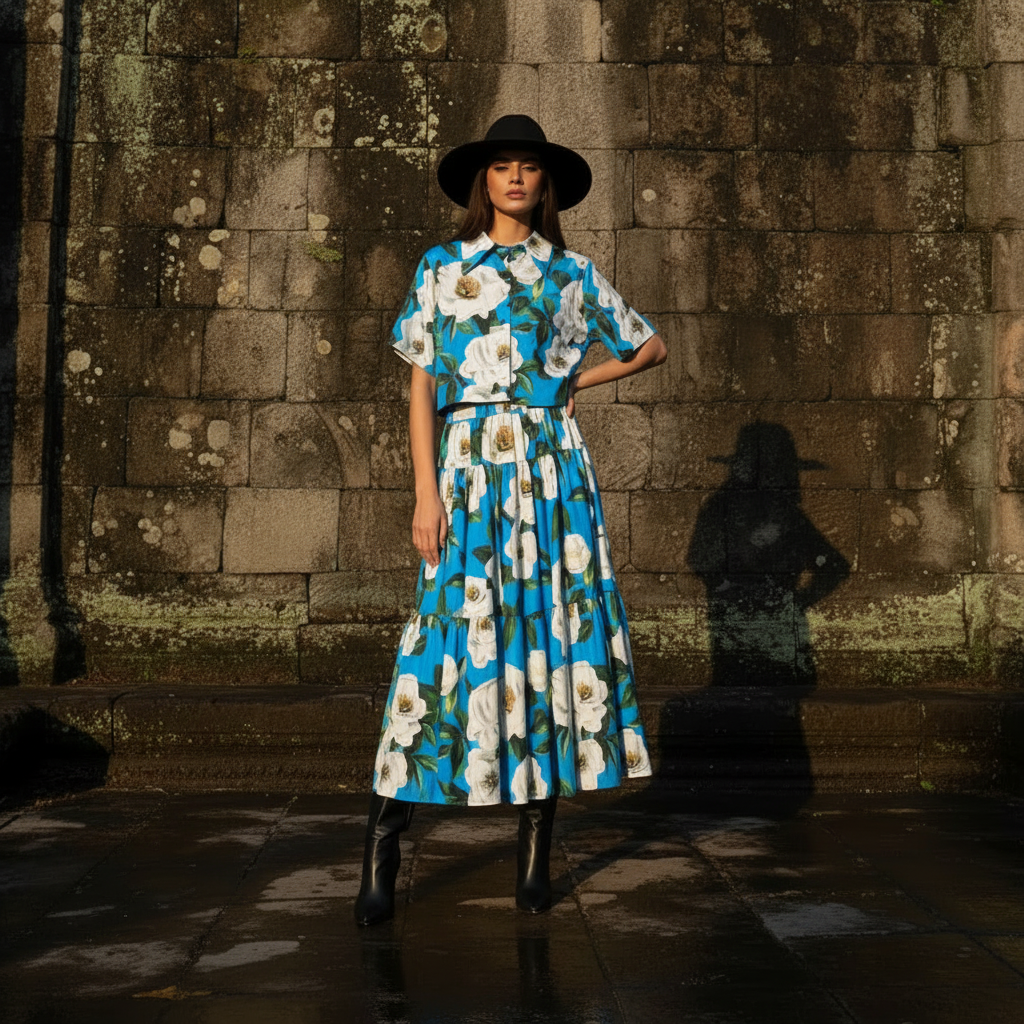 Retro print lapel short shirt two-piece set for 2026 summer women's wear+elastic waist loose pleated skirt fashion set